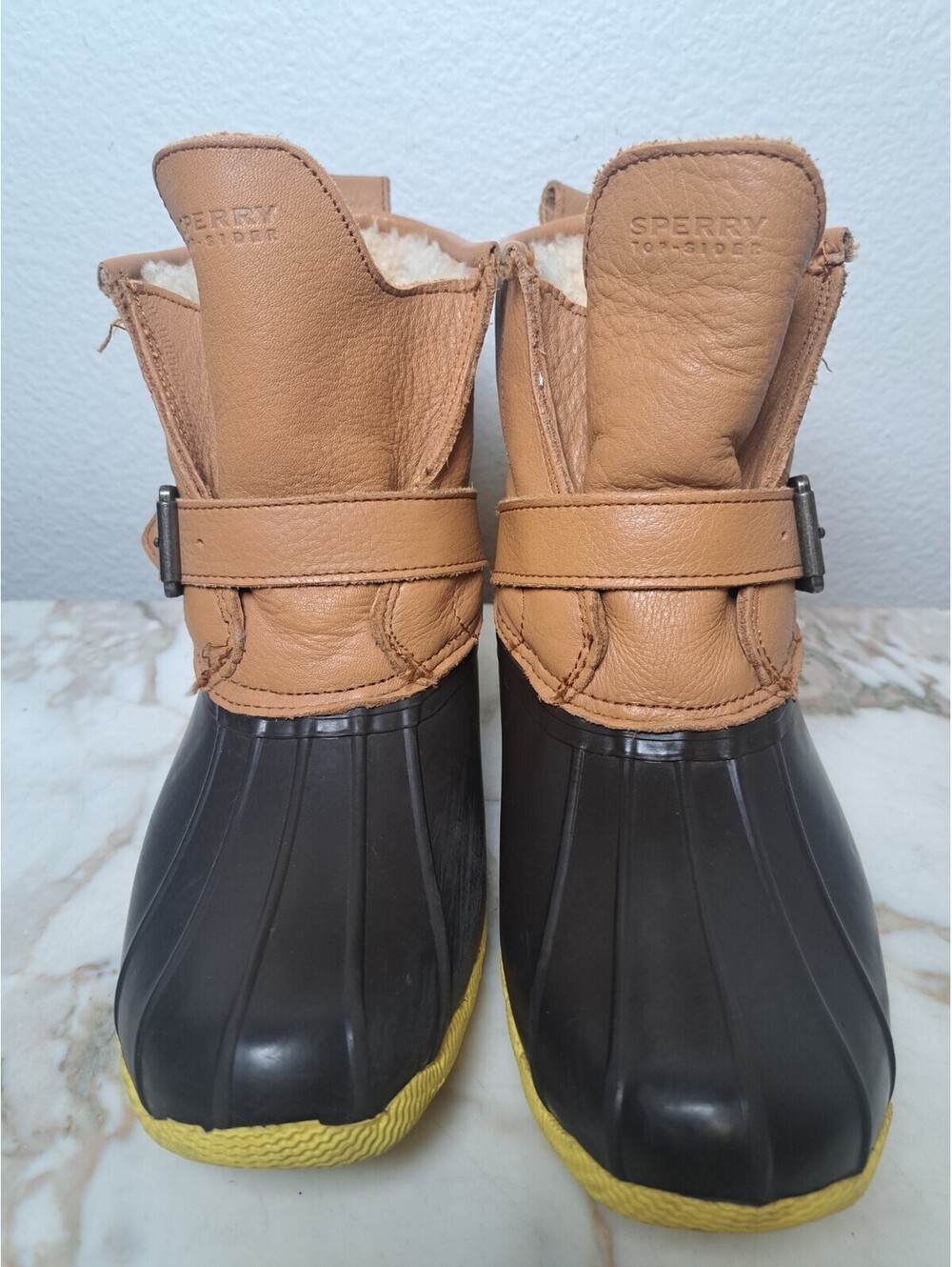 Sperry Womens Leather Top  Waterproof Rubber Boots Brown 100% Wool Lined 8